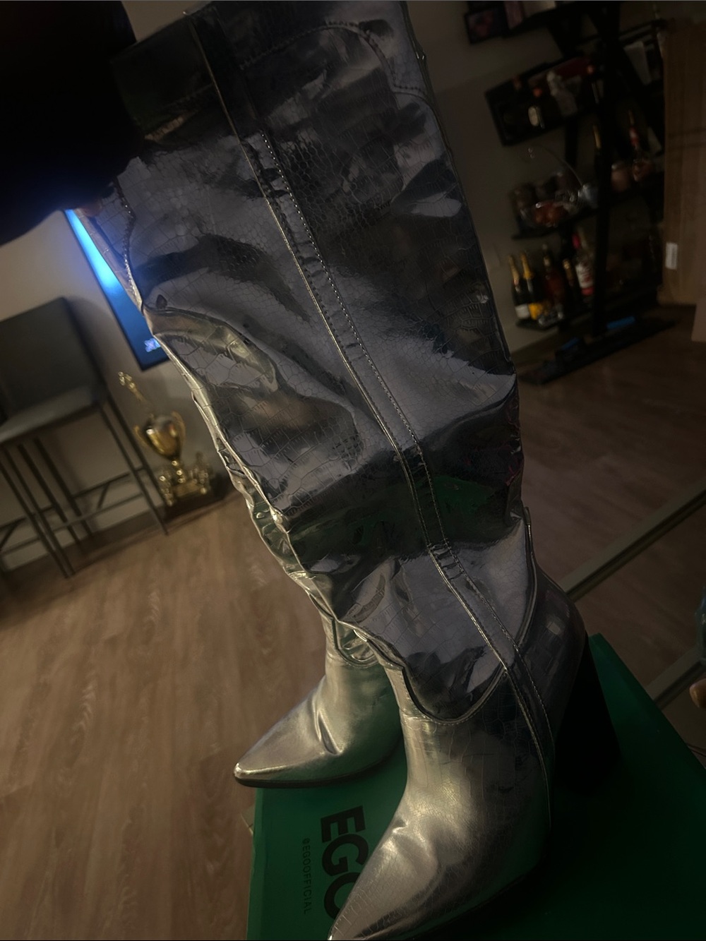 EGO Iridescent Silver Croc-Embossed Knee Boots